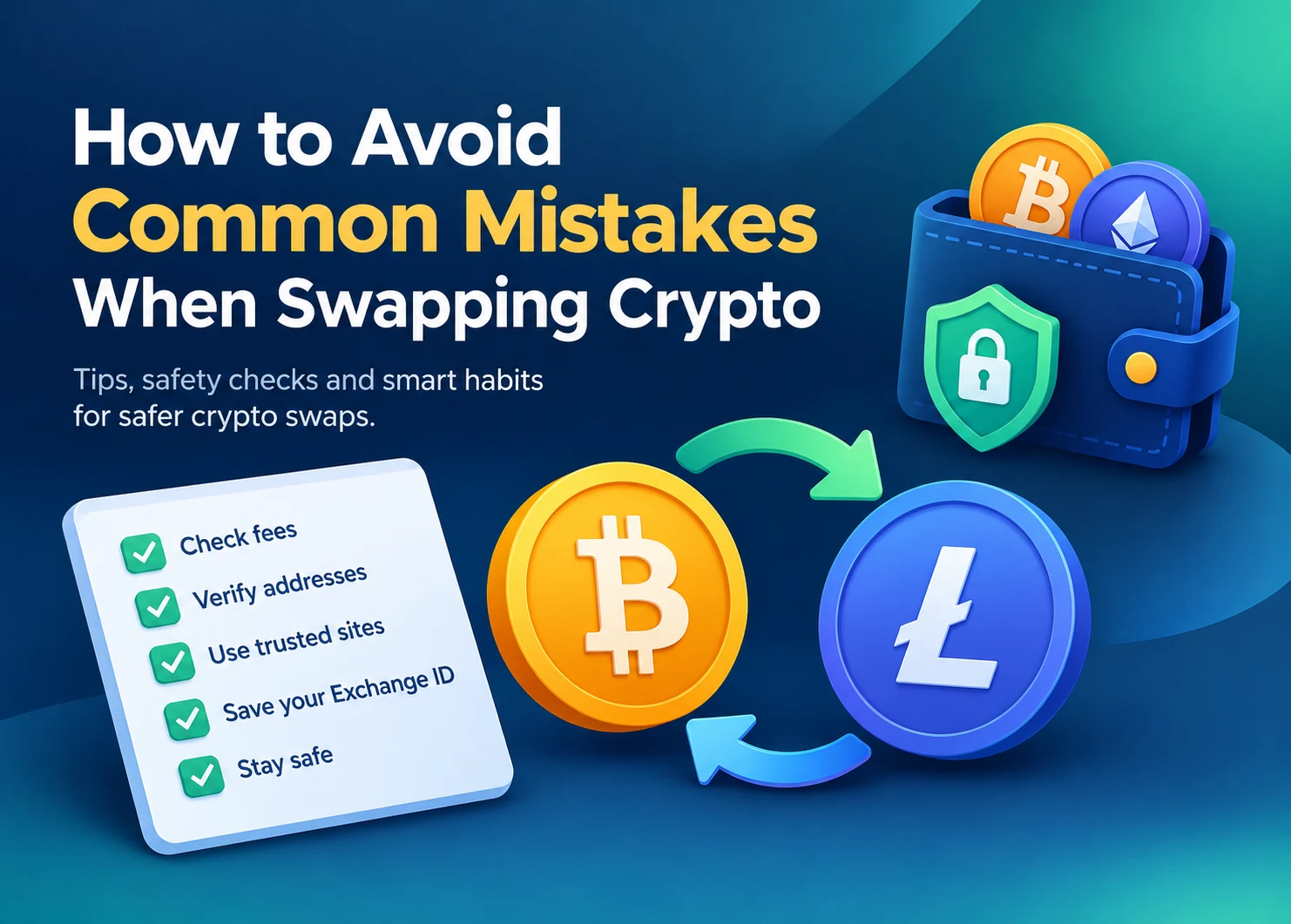 Banner illustrating safe cryptocurrency swaps with Bitcoin and Litecoin coins, a secure digital wallet, protective shield, exchange arrows, and a checklist highlighting fee checks, address verification, trusted websites, and transaction safety.